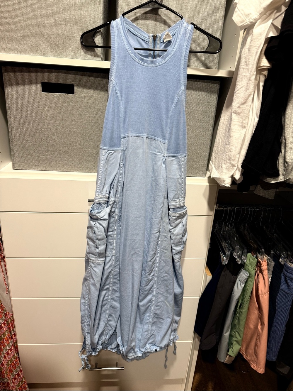 Light Blue Sleeveless Midi Dress with Utility Pockets
